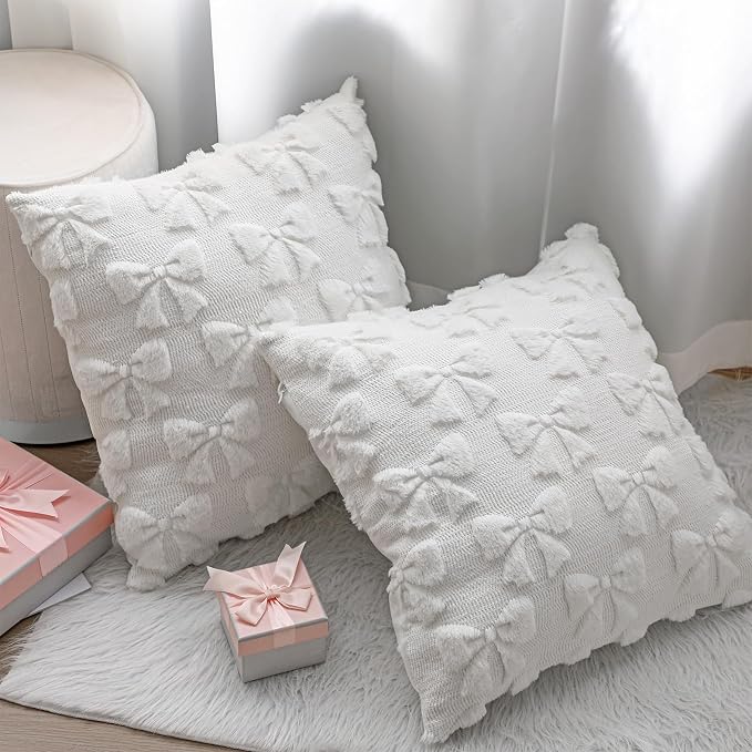Mixweer Cream White Bow Pillow Covers Set of 2 Preppy Room Decor Coquette Cute Spring Summer Decorative Faux Fur Soft Bowknot Stuff Fluffy Plush Aesthetic Pillowcase for Bed Sofa Couch (20 x 20 Inch)