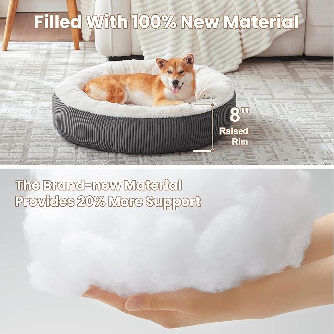33 inches Calming Donut Dog Bed for Medium Plus Dogs,Dark Grey | Round Pet Bed with Removable&Washable Cover,Plush Faux Fur & Corduroy, Fits Pets up to 50 lbs