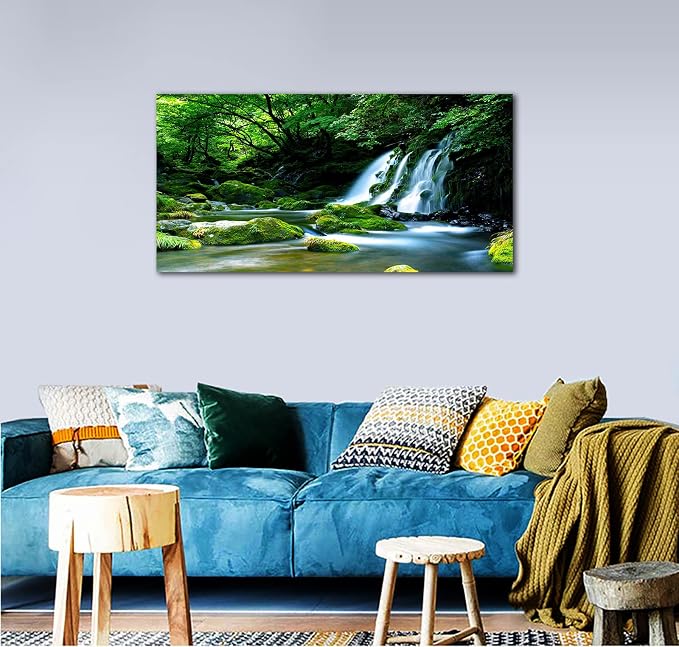 arteWOODS Waterfall Canvas Wall Art Living Room Decoration Large Nature Picture Artwork Modern Landscape Painting Green Forest Prints for Kitchen Office Wall Decor Home Decorations 24" x 48"
