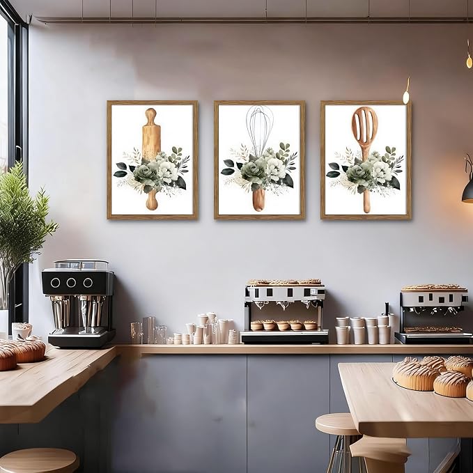 Modern Kitchen Canvas Wall Art Set of 3 – Framed Minimalist Floral Plant Wall Decor, Flowers Kitchen Utensil Posters Prints for Kitchen Dining Room Home Decor – 12x16in