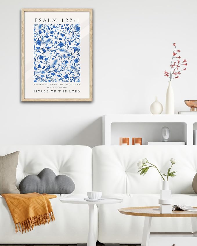 EcoHest 16x20 in Psalm 122:1 Blue Floral Framed Christian Wall Art | Solid Oak Wood Frame with Canvas Wall Art, Botanical Scripture Wall Decor for Bedroom, Living Room, Office, Church, 1Pack