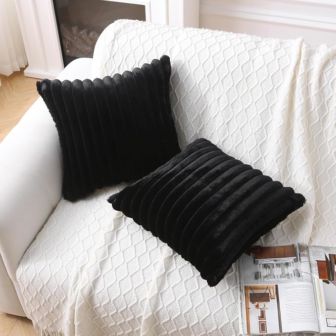 Decorative Throw Pillow with Inserts, Set of 2 Soft Faux Fur Throw Pillows, Square Boho Striped Pillow for Couch, Bed, Sofa Decor(Black, 16" x 16")
