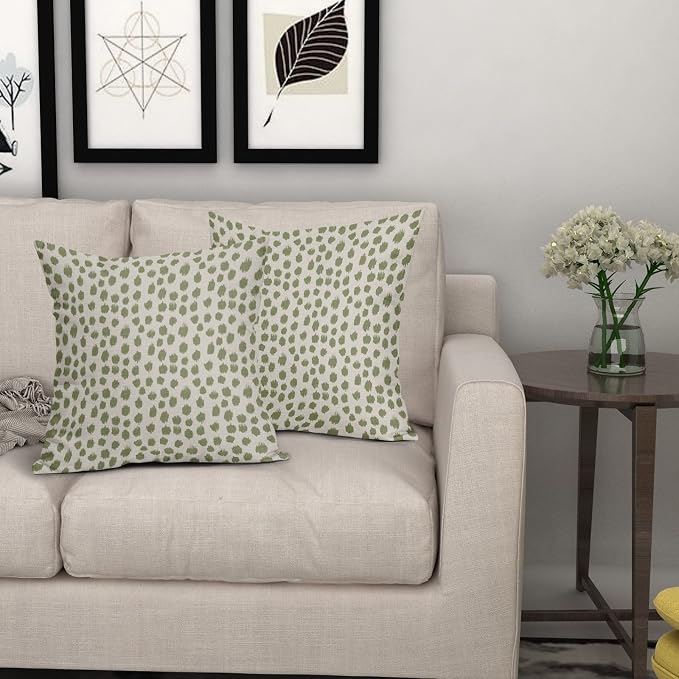 Sage Green Cream Pillow Covers 16x16 Set of 2 Boho Design Polka Dot Throw Pillows Modern Brush Strokes Print Decorative Outdoor Pillowcase Square Cushion Cover Linen Pillow Case for Sofa Couch Bed