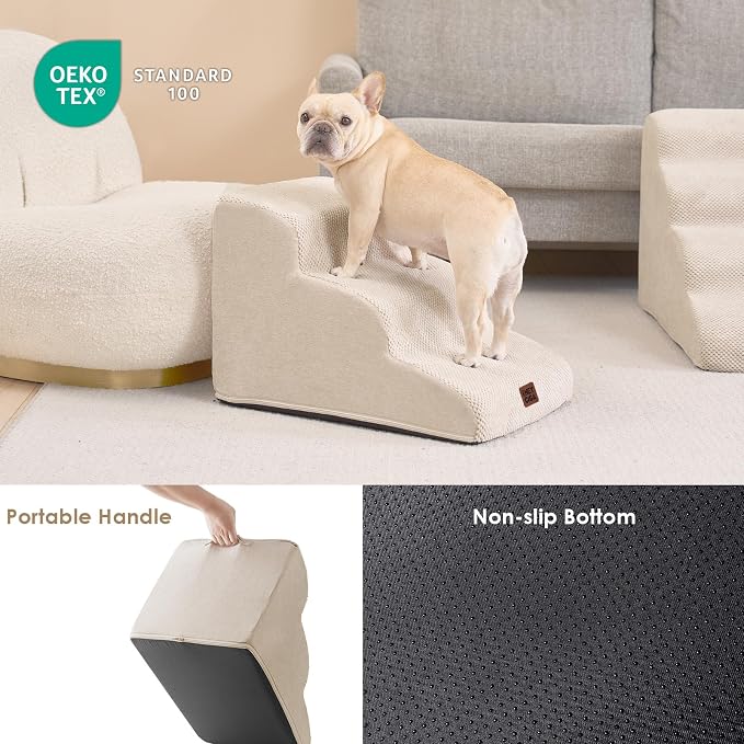 EHEYCIGA Curved Dog Stairs Ramp, 3-Step Dog Steps, 15.8" H Pet Step | 34D density of pure foam, for Small Dogs and Cats, Pet Stairs for High Bed Climbing, Non-Slip Balanced Indoor, Beige