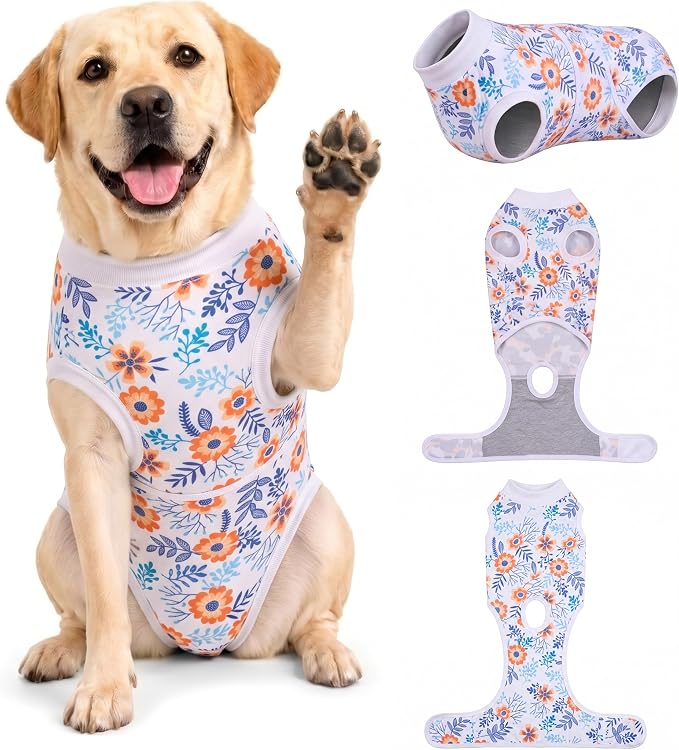 PetWarm Post Surgery Dog Onesie, Onesies for Dogs, Bodysuit for Abdominal Affected Areas Sensitive Skin Areas, Dog Cone Alternative After Surgery, Flower Pattern, Orange, 2XL