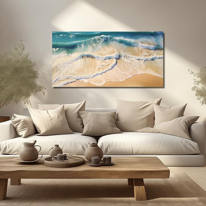 DNIEOTU Beach Canvas Wall Art for Living Room, Ocean Waves Wall-Decor for Bedroom, Landscape Picture Prints for Hallway Office, Size 47 x 24 Inches