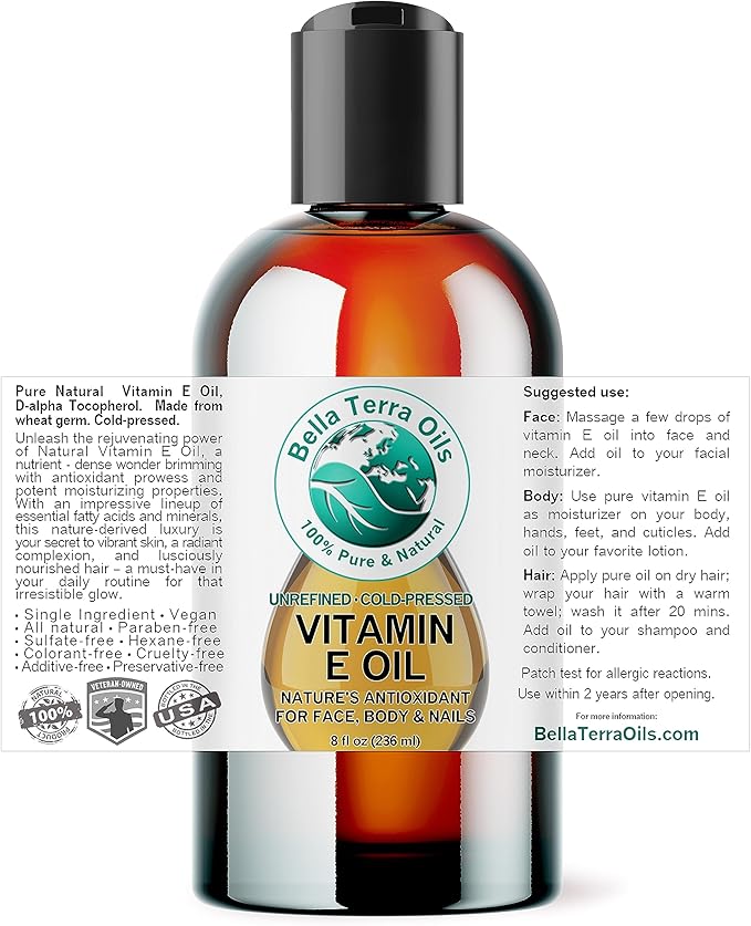 Bella Terra Oils - Organic Vitamin E Oil 8 oz - Luxurious Organic Wheat Germ Derived Oil, Abundant in Organic Vitamin E Antioxidants, Skin's Best Friend for a Radiant Glow