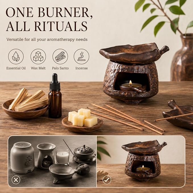 Ceramic Essential Oil Burner, Wax Melt Warmer & Palo Santo Holder, Handmade Retro Aromatherapy Burner with Tea Light Candle Holder, Rustic Zen Home Decor Incense Burner