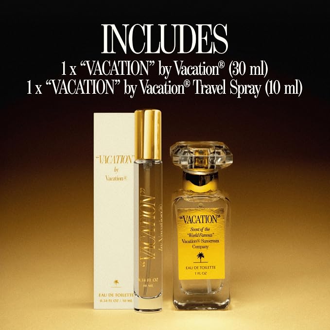 VACATION Sunscreen Eau de Toilette Bundle, Beach Coconut Perfume, Unisex Scent of Sunscreen & Summer, Bundled Travel Size Perfume Gift Set, Full Size 1 Fl. Oz. + Mini 0.338 Fl. Oz.