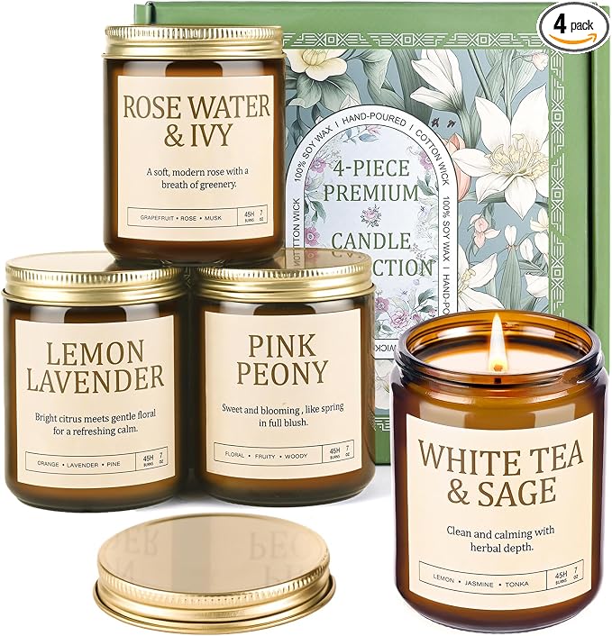 Scented Candles Gift Set, Long Lasting 4 Pack Aromatherapy Candles for Home | 28 oz 200 Hour Burn, Rose Water & Ivy, White Tea & Sage, Lemon Lavender, Pink Peony, Gifts