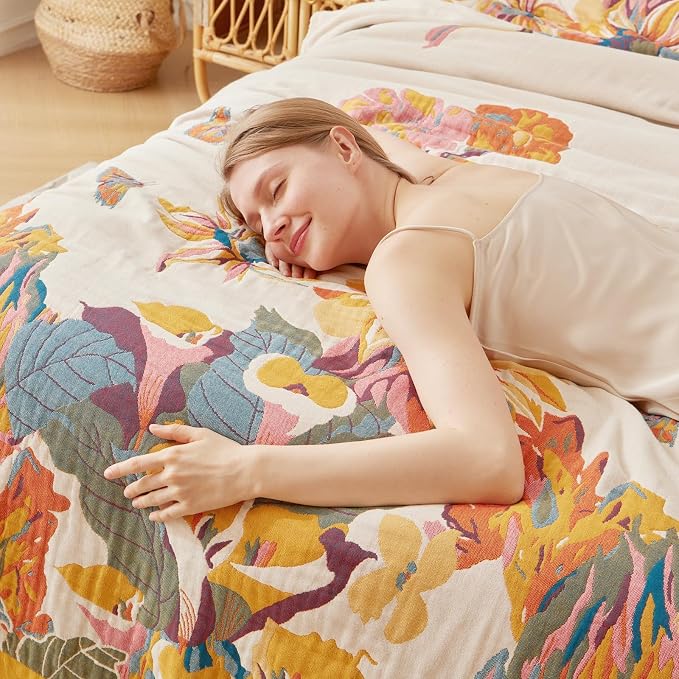 LUTBM Queen Throw Blanket for Bed, 100% Cotton Boho Breathable Summer Quilt | Reversible 90"x90" Floral Butterfly Blankets, Soft All-Season Lightweight Bedspread, For Chair Sofa Couch Bedroom, Home Decor