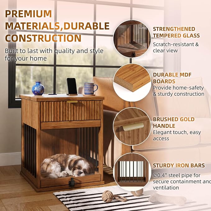 Dog Crate Furniture,Wooden Dog Kennel End Table,Walnut
