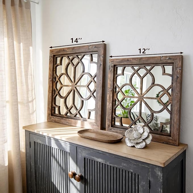 Set of 2 14 Inch Square Redbrown Window Pane Wall Mirrors, Shatterproof Rustic Farmhouse Boho Vintage Accent Mirrors for Living Room Bedroom Bathroom Entryway