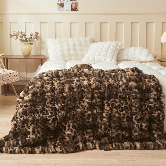 LIFEREVO Cheetah Print Fluffy Faux Rabbit Fur Throw 50x60, Brown and Black | Plush Furry Leopard Print Bubble Blanket for Bed Couch Sofa, Soft Cozy Fuzzy Lap Throw for Home Bedroom Living Room Office