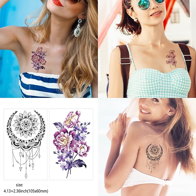 72 Sheets Temporary Tattoos for Women and Girls, Flower Tattoo Temporary, Butterfly Tattoos, Fake Black Tiny Temporary Tattoos Body Art Sticker