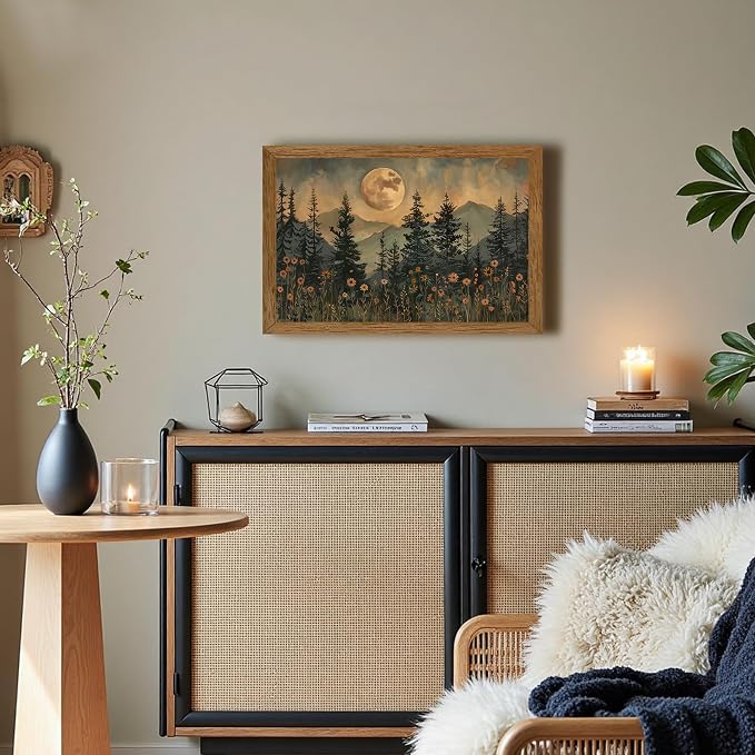 JLTULT Vintage Pine Tree Wall Art, Moonlit Wood-Framed Canvas, 16 x 24 In | Moonlit pine forest with wildflowers, fade-resistant canvas and ready-to-hang frame for bedrooms, living rooms and offices