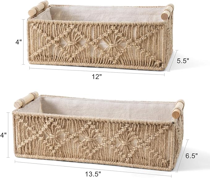 Mkono 2Pc Macrame Storage Basket, Boho Decor Toilet Paper Holder, Brown | Small Baskets for Organizing, Hand-Woven, Bohemian Beach Coastal Decor, Shelf Vanity Cabinet Bedroom Living Room Office Dorm