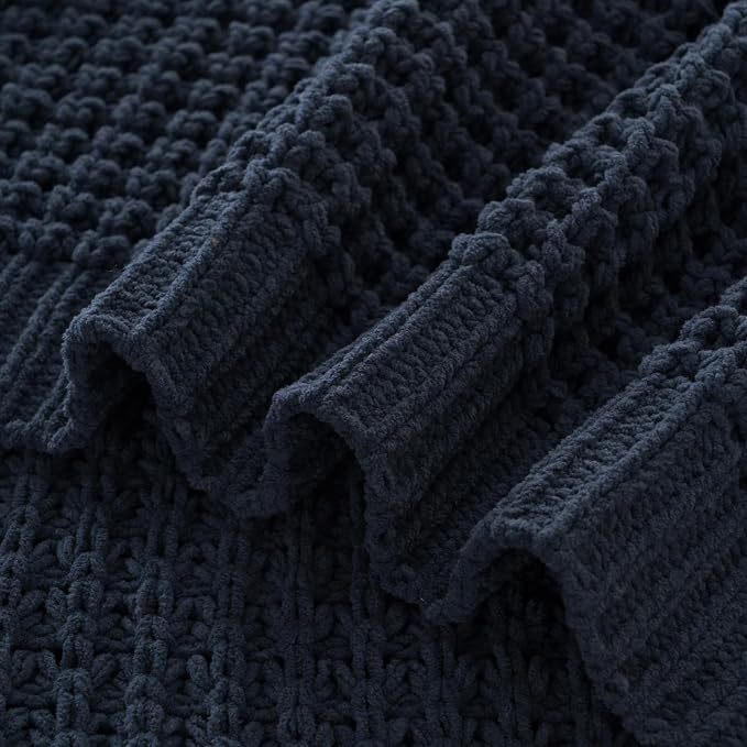 Navy Blue Throw Blanket for Couch, Chenille Knitted Blue Blanket 60''x80'' | Soft Cozy Chunky Knitted Blanket, Warm Thick Throw Blanket for Home Decor, Sofa, Men, Modern Farmhouse Style