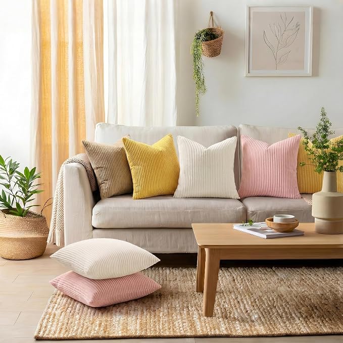 Mecatny Corduroy Fall Throw Pillow Covers 12x20 Set of 2 Cream White | Soft Striped Texture, Hidden Zipper Design, Neutral Boho Lumbar Pillow Cases for Sofa Couch Living Room Bedroom, Home Décor