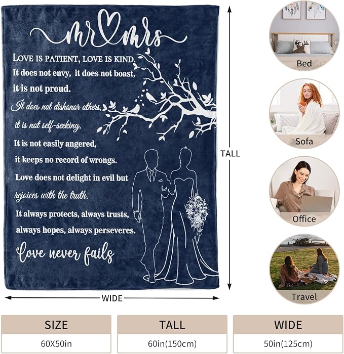 Wedding Gifts for Couples, Bridal Shower Gifts for Bride to Be Soft Blanket | Anniversary Mr and Mrs Gifts, Wedding Gifts for Newlyweds Wedding Throw Blanket 60*50 Inch (Blue)