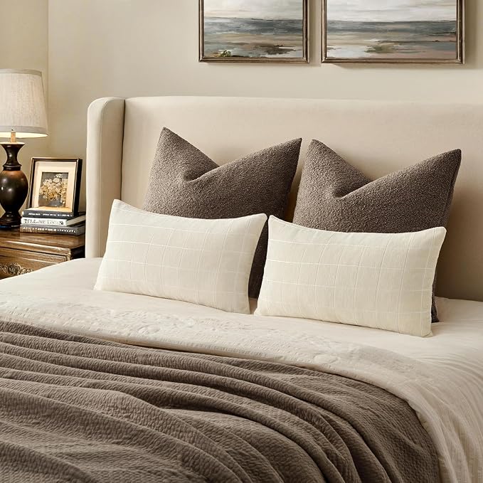 MIULEE Cream Plaid Decorative Lumbar Throw Pillow Covers 12x20 Set of 2 | Vintage, Check Chenille Couch Pillows, Neutral Boho Farmhouse Cushion Covers, Modern Home Decor for Sofa Bed Living Room