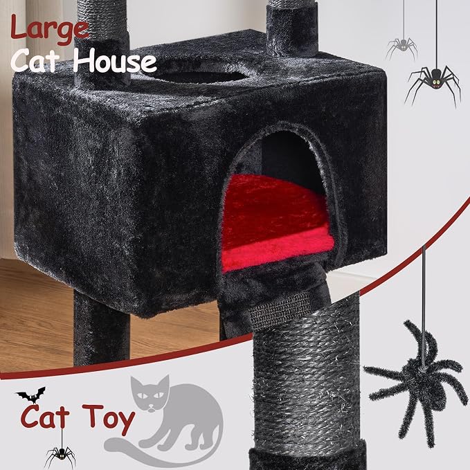 BEWISHOME Cat Tree Tower for Indoor Cats, Gothic Cat Trees with Coffin Bed | Goth Cat Tree/Condo/House with Scratching Posts, Cat Shelves with Spider Toy, Pet Play Activity Center Black with Red MMJ95R