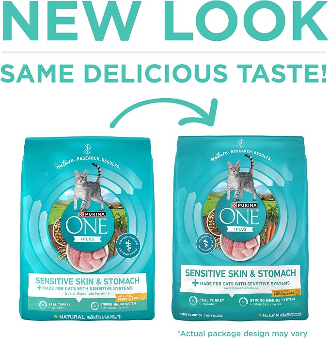 Purina ONE Sensitive Skin and Stomach Dry Cat Food 3.5 lb Bag | Real turkey is the first ingredient, easily digestible with prebiotic fiber, calcium and antioxidants for sensitive systems