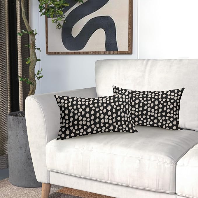 Black Cream Dots Lumbar Pillow Covers 12x20 Set of 2 Boho Design Polka Dot Print Throw Pillows Modern Outdoor Decorative Pillowcase Rectangle Linen Cushion Cases Decor for Sofa Couch Bed
