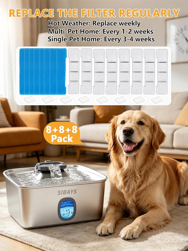 SIBAYS Dog Water Fountain Filter Replacement, 4Gal/15L Pet Fountain Filters, Made of Activated Carbon and PP Cotton, 8 Pet Water Fountain Filters, 8 Pre-Filter Sponge with 8 Pump Sponge(Model: L05)