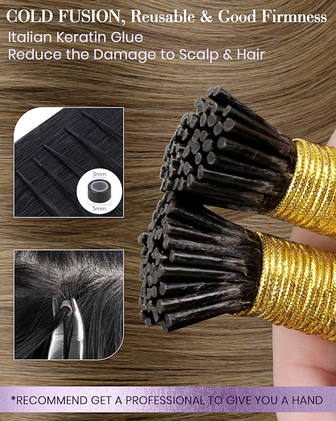LaaVoo I Tip Hair Extensions Balayage Brown I Tip Hair Extensions Medium Brown Ombre Light Brown to Golden Brown Itip Human Hair Extension Soft Hair 20inch 100g 100s