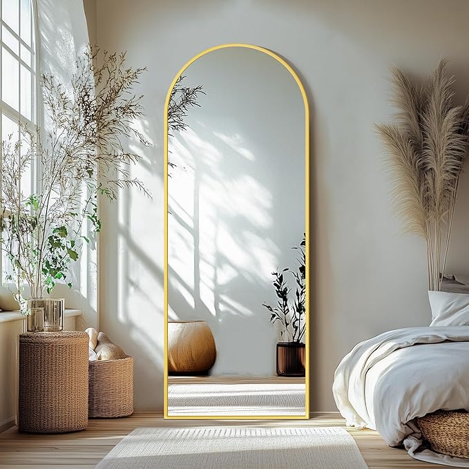 Arched Full Length Mirror with Stand, 69x24 Gold Floor Mirror | Aluminium alloy frame with HD float glass for distortion-free reflection. Free standing or wall mounted.