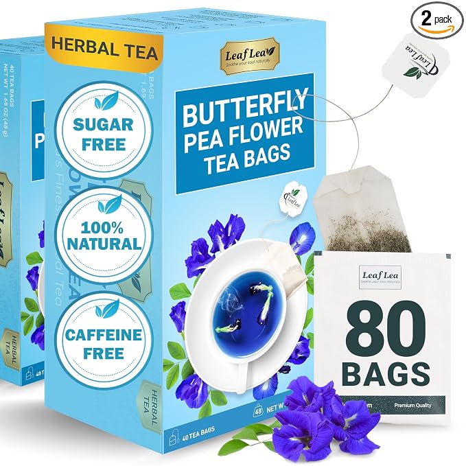 LeafLea Butterfly Pea Tea Bags, 100% Butterfly Pea Flowers, 80 Count | Natural Herbal Tea For Blue And Purple Drinks, Mocktails, Food Coloring, Caffeine-Free, Sugar-Free, Non-GMO, Pack Of 2
