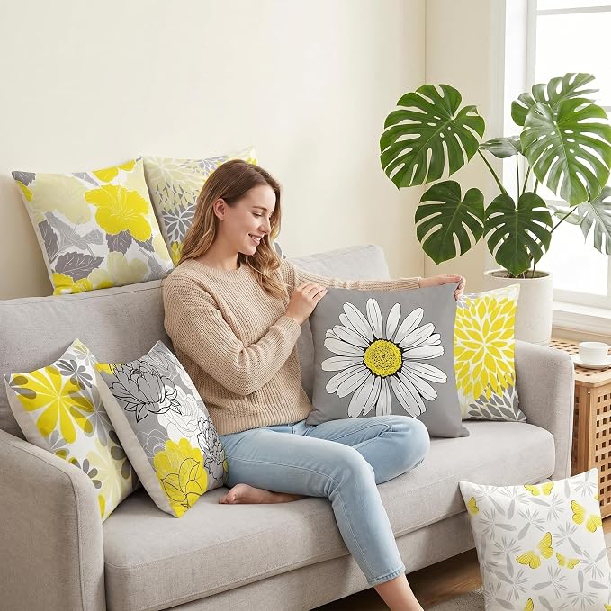 COMMINY Yellow Gray Linen Pillow Covers 18x18 Set 6 Farmhouse Throw Cover | Daisy Dhalia Cushion Cover, Standard Throw Pillow Size, Breathable Linen, Couch Sofa Bedroom, Fall Summer Decor