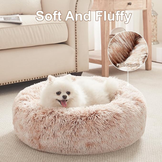 23 inches Faux Fur Fluffy Donut Dog Bed for Small Dogs,Brown | Calming Plush Round Puppy Pet Bed with Removable & Washable Cover,Fits up to 25 lbs Pets