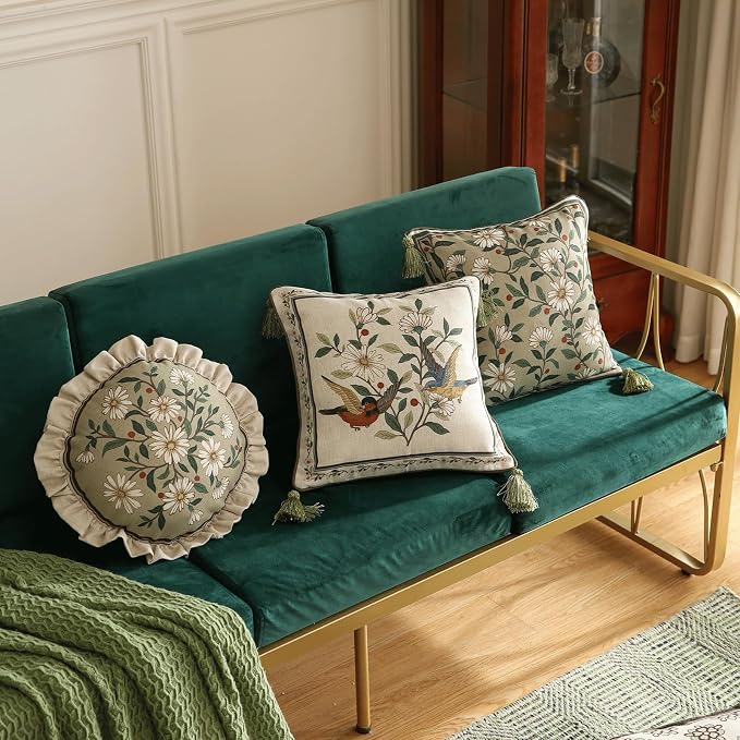 Vintage Linen Throw Pillow Cover,Set of 2,Diameter 16"-Brune C | Designer Elegant Round Pillow Cover,Concealed Zipper Design,Floral Pattern,Sofa,Bedroom,Living Room,Lounge Chairs