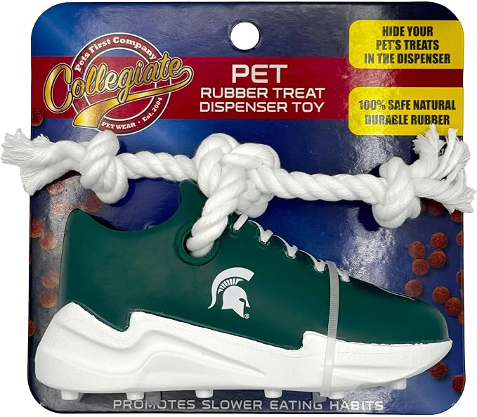 NCAA Michigan State Spartans Cleat Sneaker Spike Dog Toy, Treat Dispenser Chew Toy for Dogs, Interactive Rope Tug, Slow Feeder Natural Rubber Dog Toy with Official Team Logo for Puppies & Adult Dogs