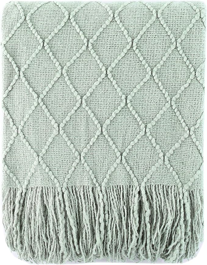 BATTILO HOME Sage Green Throw Blanket for Couch, Boho Bed Throws Blanket, Spring Decorative Light Blue Throw Blanket for Sofa Living Room, 52"x80"