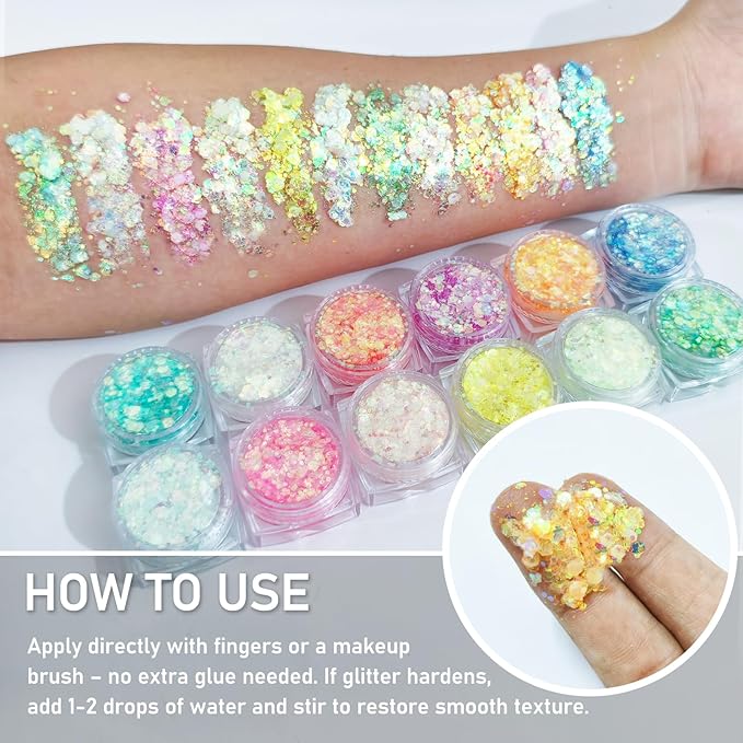 12 Colors Glow Body Glitter Gel, Glow in The Dark Hair Face Glitter Gel, Rave Accessories for Festivals Carnival UV Black Light Party