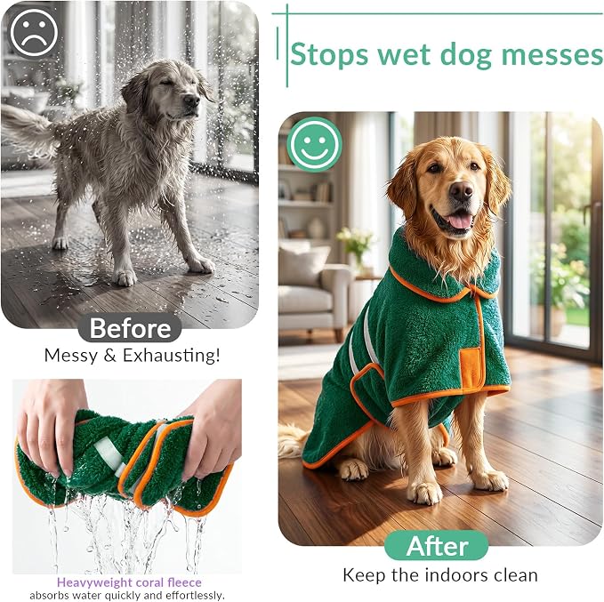 Bienbee Dog Bathrobe, Super Absorbent for Small to Large Dogs, Green XL | Dog Robes with Soft Fleece, Warm & Cozy, Adjustable Fit, and Quick Drying Coat for Baths Swimming and Grooming