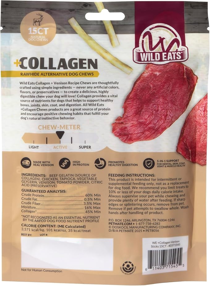 Wild Eats Venison Collagen Sticks for Dogs 15 Pack, Bully Stick Alternative | Rawhide and grain free no hide chew treats, 1 cm chew width, high protein, long lasting, satisfies natural gnawing urges