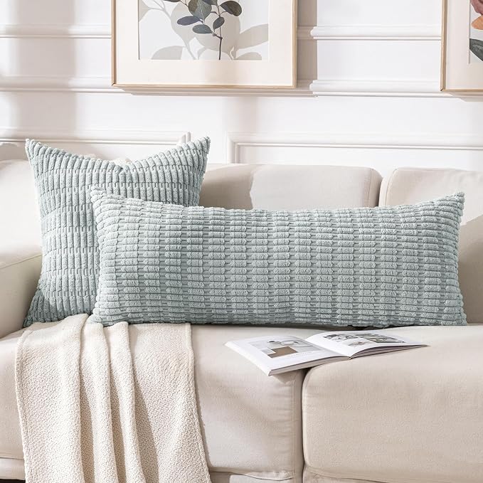 Fancy Homi Decorative Throw Pillow Covers for Bed Couch Bedroom Bench, Soft Corduroy Solid Pillow Case, Rustic Farmhouse Boho Room Decor,36" x 14" (Pack of 1),Grey Blue