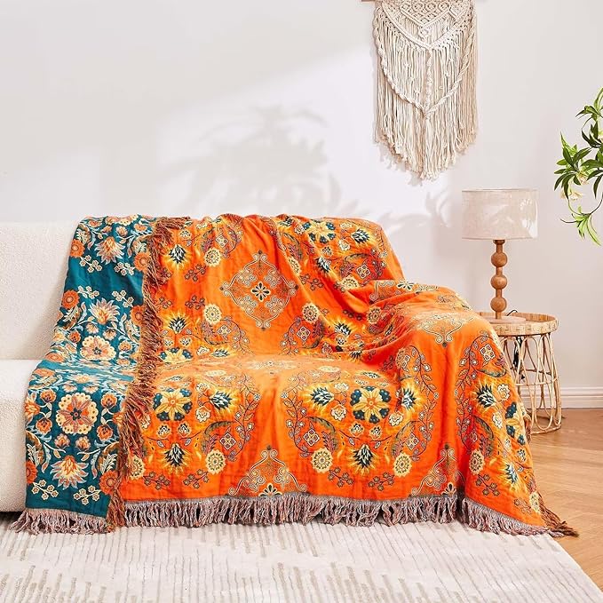 XIBLC Boho Throw Blanket, 100% Cotton Ultra Soft Luxury Throw Rustic Quilt, 90"x98" Floral Printed Farmhouse Decor Bed Summer Blankets, All Season Rustic Reversible Bohemian Throw for Bed - Orange