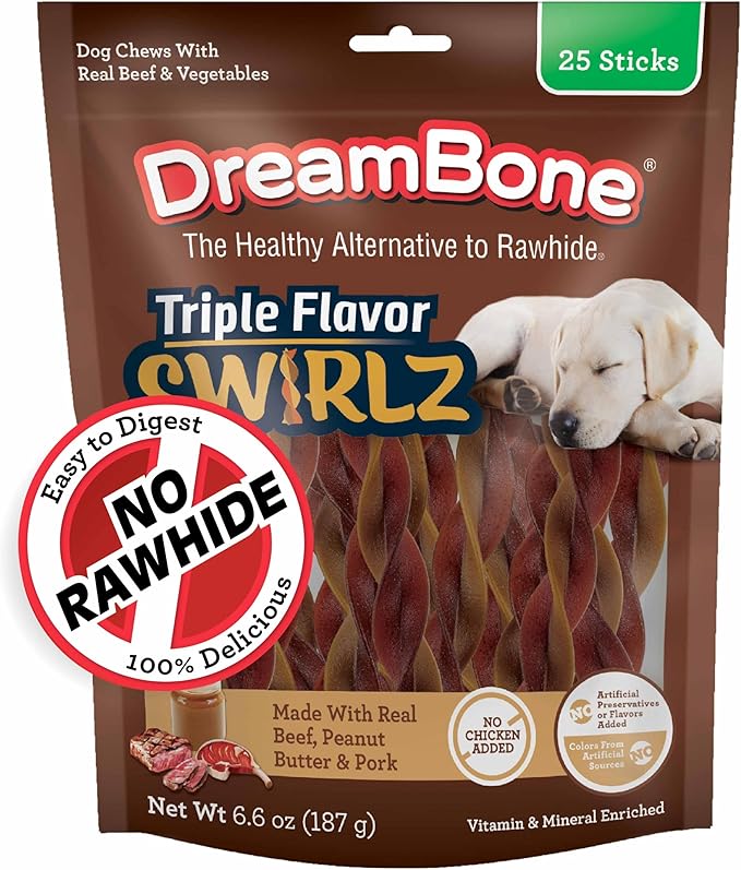 DreamBone Triple Flavor Swirlz Rawhide-Free Dog Treats, 25 Count | No Chicken Added, Daily Chew, Digests Safely and Completely, Made With Real Beef, Peanut Butter and Pork, For Adult Dogs