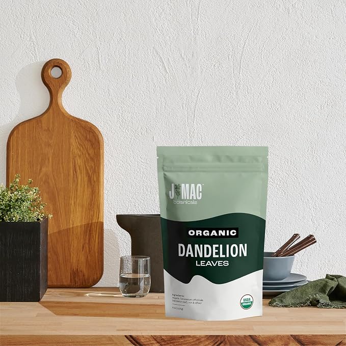 J Mac Botanicals, Organic Dandelion Leaves (4 oz bag) USDA Certified Organic Dandelion leaf tea, te diente de leon organico, Packaged in the USA, Cut and Sifted, No Caffeine