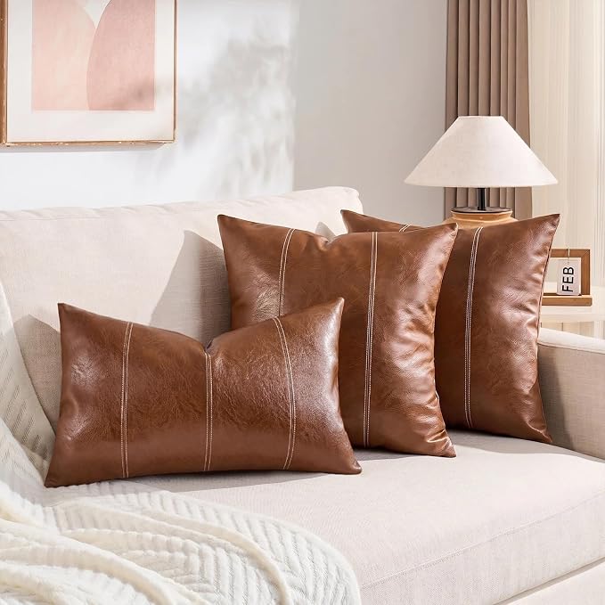 Fancy Homi Brown Boho Long Square Faux Leather Decorative Throw Pillow Covers 22x22 Inch for Living Room Couch Bed Sofa, Hand Stitched Cushion Case, Rustic Modern Farmhouse Home Decor
