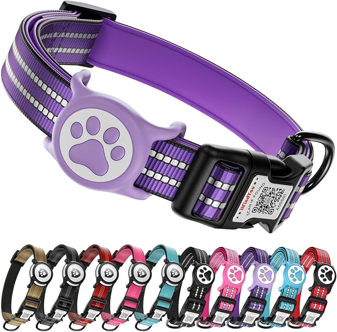 Waterproof AirTag Dog Collar with QR Code Dog Tag, Purple M | IP68 waterproof, QR code dog tag, Anti-Lost, Online profile, fits XS-L (8"-26"), Padded nylon, Reflective, No App, No Fees