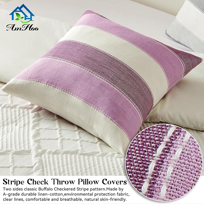 Pack of 2 Farmhouse Stripe Check Throw Pillow Covers Set Case Cotton Linen Decorative Pillowcases Cushion Cover for Couch Bench Sofa 20x20 Inch Purple