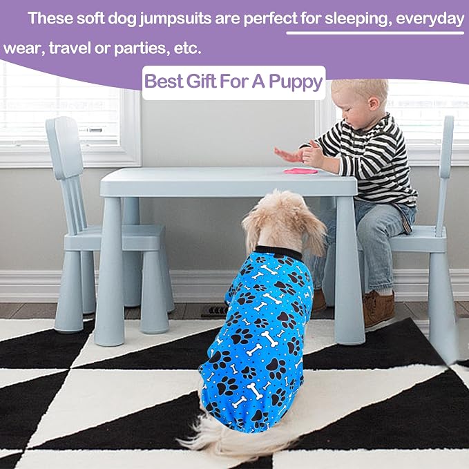 PET SHOW 4 Pack Paw Print Fleece Dog Pajamas Warm for Medium Dogs | Soft stretchy dogs onesies,boy girl pjs with sleeve,holiday jumpsuit costume for small pets,L