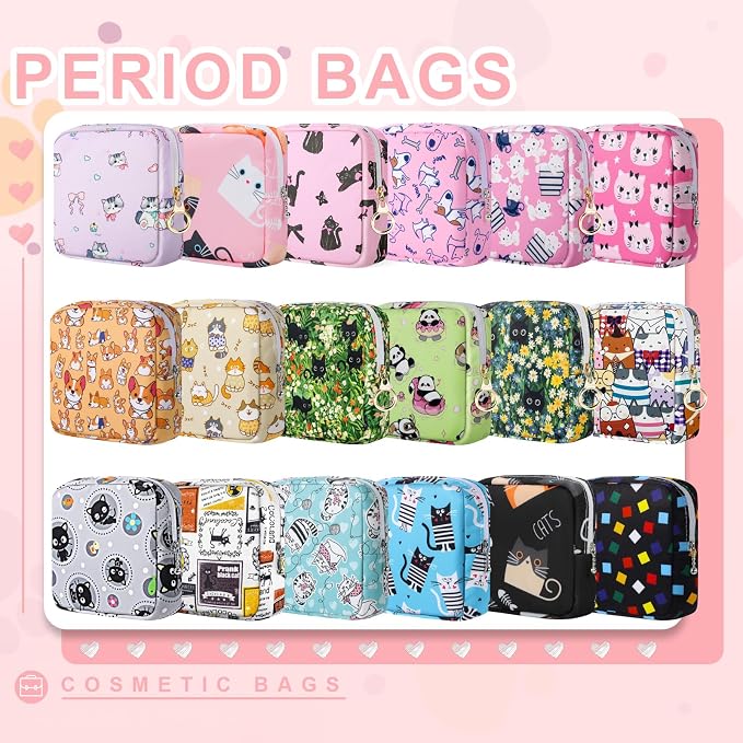 Likesing Period Bag Pouch, Canvas Sanitary Napkin Storage Bag for Girls Womens, Portable Sanitary Napkin Period Pad Pouch for Purse, Small Make Up Bags(Gray Cat)