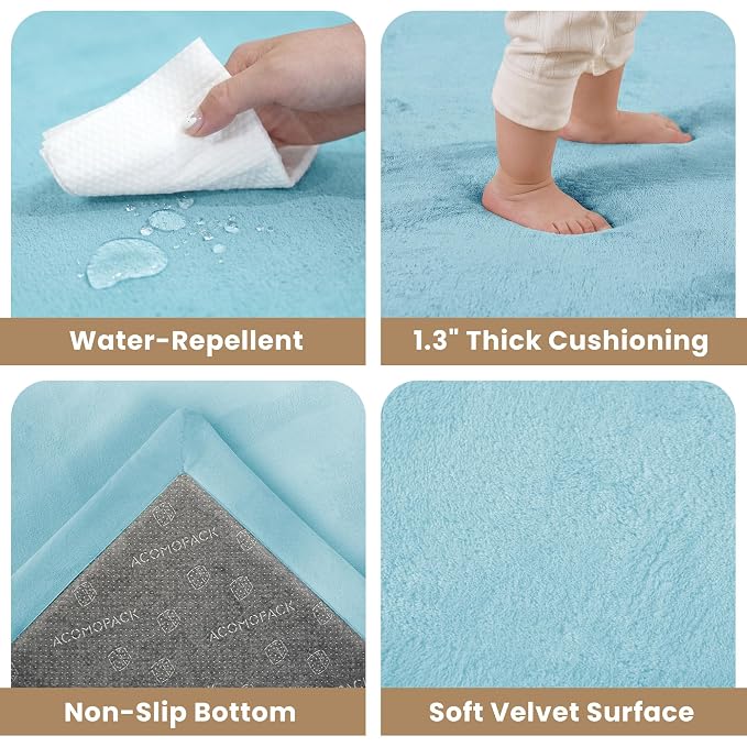 ACOMOPACK Baby Play Mat for Floor 1.3" Thick Memory Foam Play Mat 59"×71" Tummy Time Crawling with Non-slip Bottom for Living Room,Nursery,Soft Velvet Playpen Mats for Kids,Infants（Light Blue）